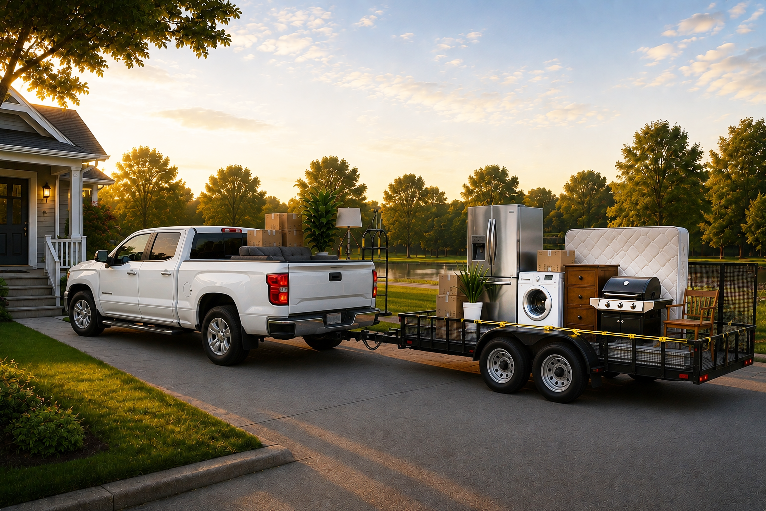 Moving truck and trailer prepared to transport furniture and household items