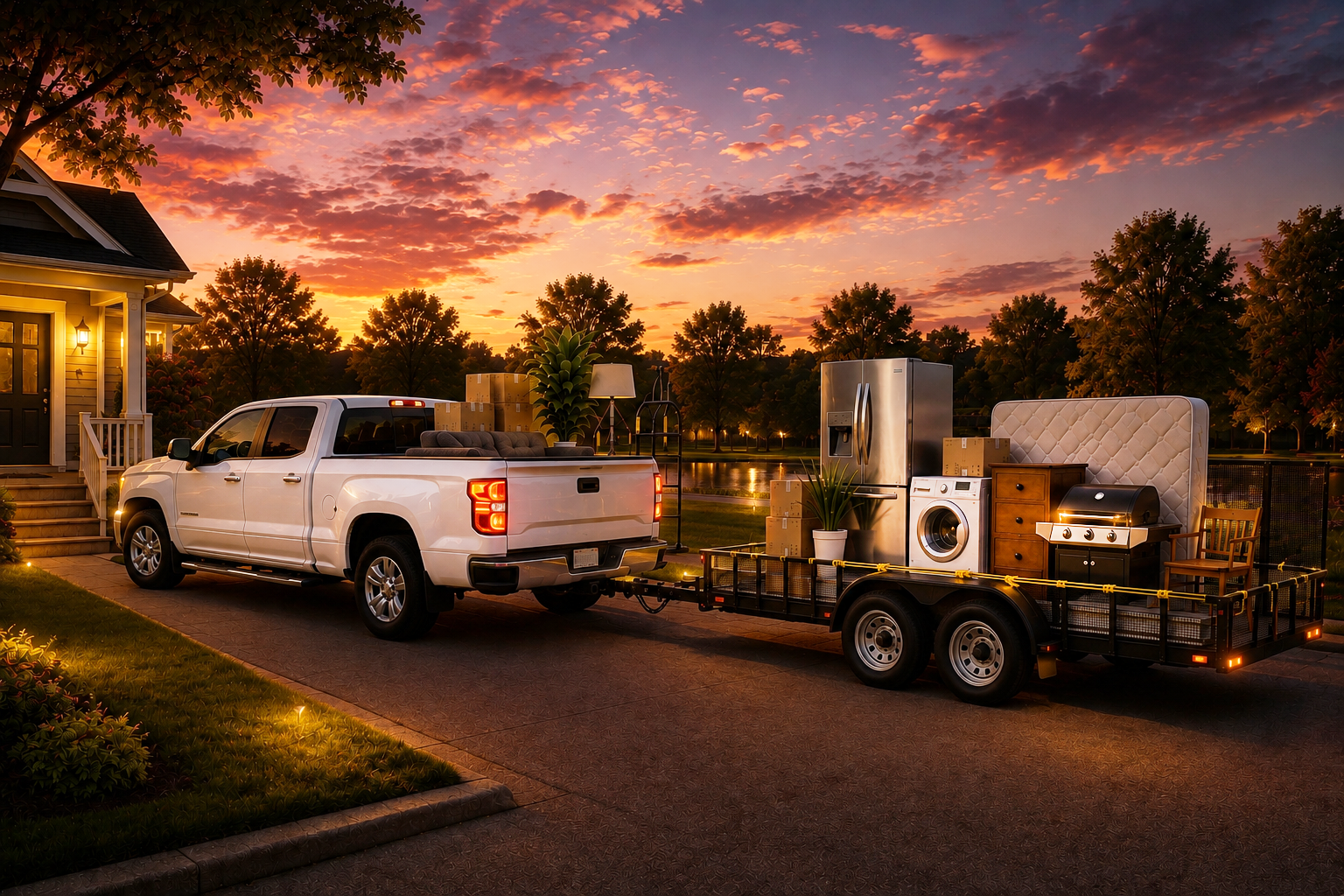 Moving truck and trailer prepared to transport furniture and household items at night