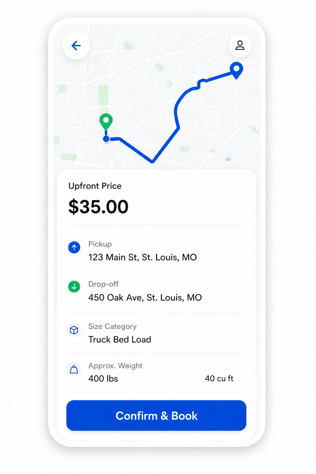 HAULa booking preview showing pickup, drop-off, upfront price, size category, and weight