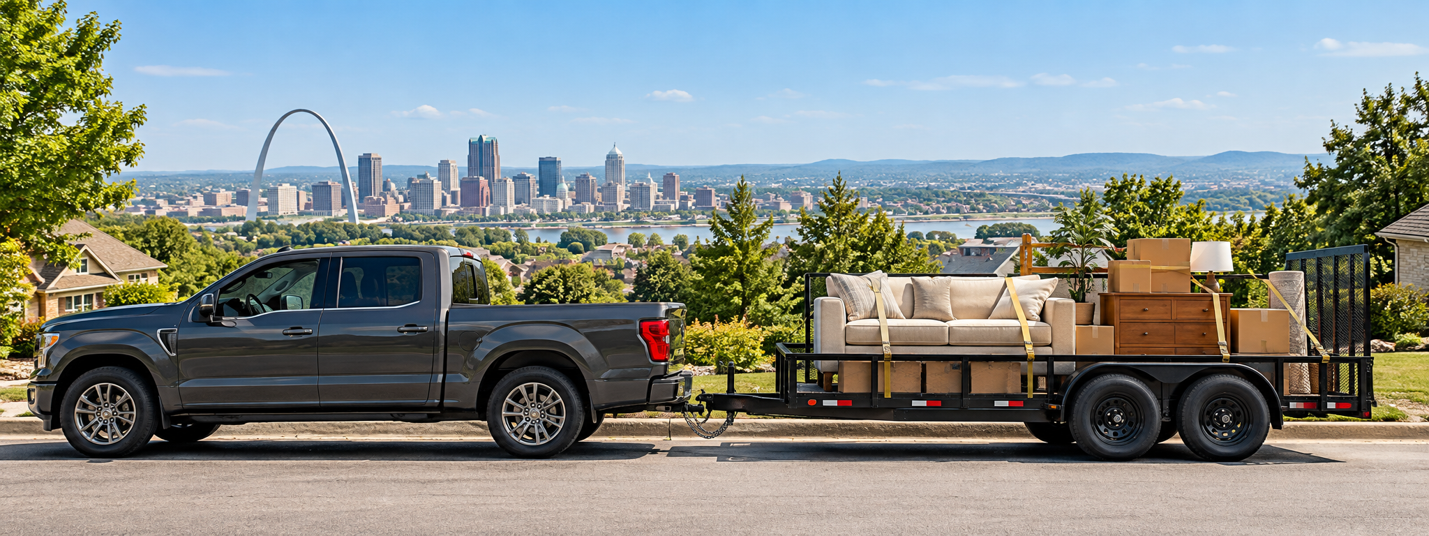 A dark pickup truck and loaded utility trailer with household belongings already secured for transport